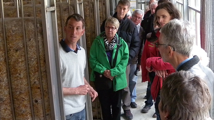 Landwirt Fabian Schneebeli erklärt den Gästen in der Pilzhalle die Abläufe der Austernpilzzucht. (Bilder Marianne Voss)