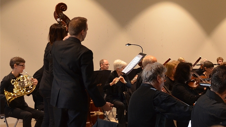 Die Orchestergesellschaft Affoltern mit ihrem musikalischen Leiter Hugo Bollschweiler. (Bild Susanne Crimi)