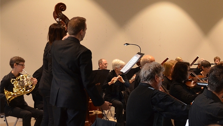 Die Orchestergesellschaft Affoltern mit ihrem musikalischen Leiter Hugo Bollschweiler. (Bild Susanne Crimi)