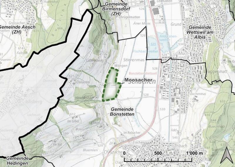 Der neue Deponiestandort in Bonstetten im Gebiet Moosacher ist für den Richtplan-Eintrag vorgesehen (grün umrahmt).