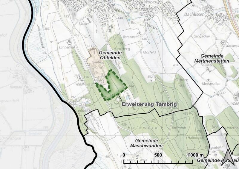 Die Erweiterung der Deponie Tambrig in Obfelden umfasst den grün umrahmten Bereich. (Karten Baudirektion Kanton Zürich)