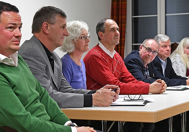 Wahlpodium Kappel mit den Gemeinderatskandidaten. Von links: Martin Hunkeler, Jakob Müller, Carolina Hauser Häberling, Salvatore Nava, Gesprächsleiter Martin Mullis, David Vogelsanger, Heidi Hui und (verdeckt) Marion Ackermann. (Bild Martin Platte