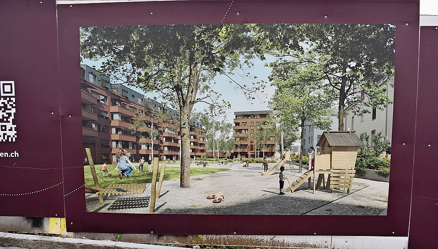 Leben naht – einmal mehr! Visualisierung, wie sie derzeit an einer Bauabsperrung beim Schönbächler-Areal zu sehen ist.