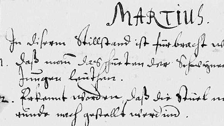 Originaltext eines Stillstandsprotokolls aus Maschwanden, vom März 1672: «Martius. In diserem stillstand ist fürbracht worden: 1. Dass mann das hüeten der schwynen nit übergeb jungen leüthen. 2. Erkennt worden, dass die stüelim chor der ründe