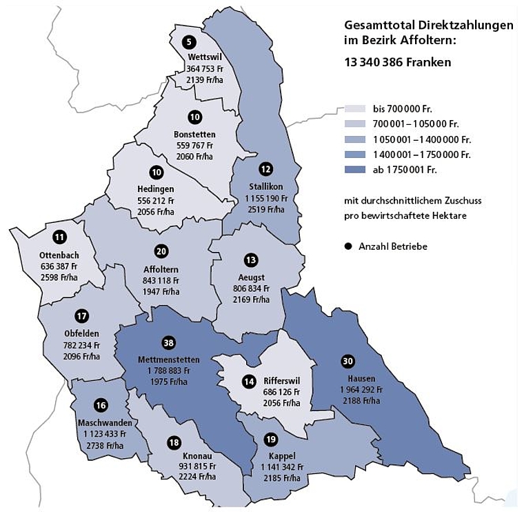 Direktzahlungen pro Gemeinde im Bezirk Affoltern, in Franken, 2019. (Grafiken Monika Arnold/Daten BLW)