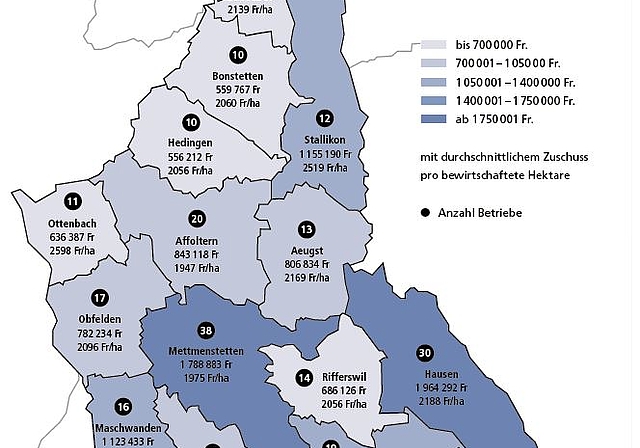 Direktzahlungen pro Gemeinde im Bezirk Affoltern, in Franken, 2019. (Grafiken Monika Arnold/Daten BLW)