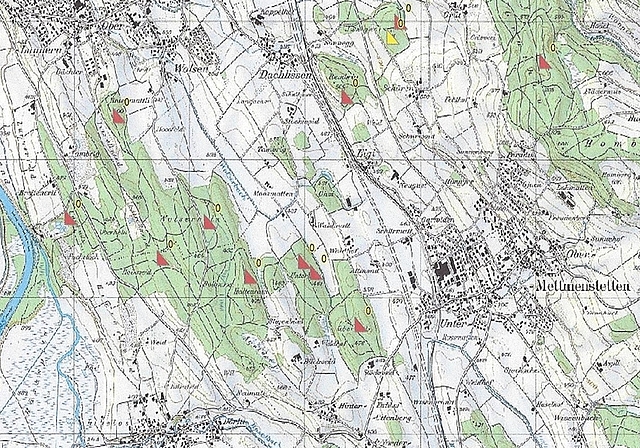 Die mit roten Dreiecken auf der Karte markierten Gebiete zwischen Obfelden und Maschwanden waren besonders stark vom Befall des Fichtenborkenkäfers betroffen. (Grafik Flurin Farrer)