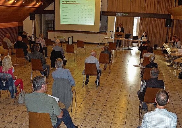 Gemeindeversammlung in der Stampfi Knonau mit viel Abstand. (Bild Marianne Voss)