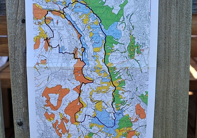 Das neue Forstrevier Stallikon – Wettswil – Staatswald Buchenegg. Blau ist der Staatswald des Kantons Zürich eingezeichnet, gelb der Privatwald, braun der Wald im Besitz von Holzkorporationen, grün ist der Gemeindewald. (Plan zvg.)