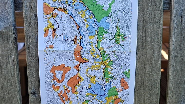 Das neue Forstrevier Stallikon – Wettswil – Staatswald Buchenegg. Blau ist der Staatswald des Kantons Zürich eingezeichnet, gelb der Privatwald, braun der Wald im Besitz von Holzkorporationen, grün ist der Gemeindewald. (Plan zvg.)