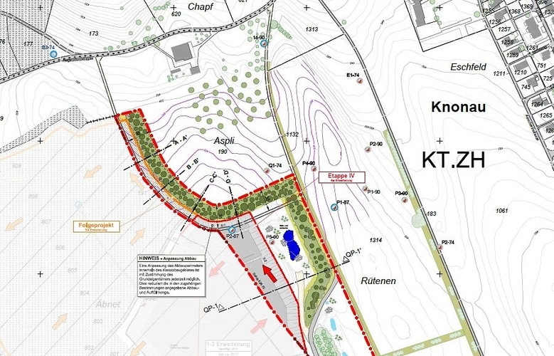 Die Sichtschutzhecke (in Hell- und Dunkelgrün), wie sie im Gestaltungsplan vorgesehen wäre. Nördlich davon (oberhalb der Bezeichnung «Aspli») sind zudem Obstbäume vorgesehen. Laut Risi AG werden diese im Frühjahr 2026 gepflanzt. (Visualisierung Kantonaler Gestaltungsplan 1320/16)