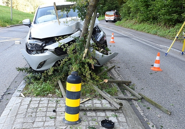 Das Auto krachte auf der Mittelinsel in einen Pfosten und zwei Bäume. (Bild Kapo ZH)
