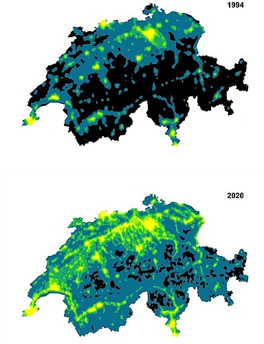 Grafik 1: Insgesamt haben sich die gegen oben gerichteten Lichtemissionen in der Schweiz zwischen 1994 und 2020 mehr als verdoppelt. (Quelle BAFU)