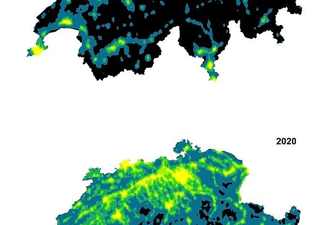 Grafik 1: Insgesamt haben sich die gegen oben gerichteten Lichtemissionen in der Schweiz zwischen 1994 und 2020 mehr als verdoppelt. (Quelle BAFU)