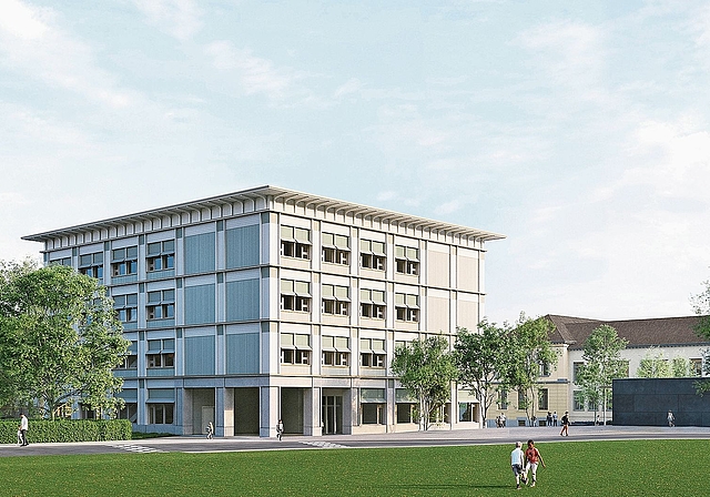 Visualisierung des geplanten Schulhauses Wolhusen in Affoltern, Ansicht von der Butzenstrasse her. Aufgrund neuer Schülerzahlprognosen wurde das Gebäude gegenüber früheren Plänen um ein Stockwerk reduziert. (Visualisierung Stadt Affoltern)