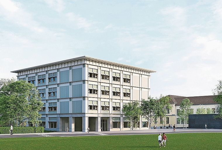 Visualisierung des geplanten Schulhauses Wolhusen in Affoltern, Ansicht von der Butzenstrasse her. Aufgrund neuer Schülerzahlprognosen wurde das Gebäude gegenüber früheren Plänen um ein Stockwerk reduziert. (Visualisierung Stadt Affoltern)