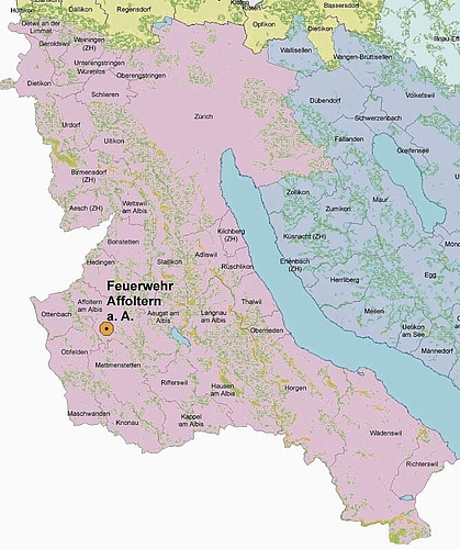 Rosa eingefärbt: Das Einsatzgebiet für den Waldbrand-Stützpunkt Affoltern 
mit seinen Wäldern (grün) und Schutzwäldern (hellgrün). (Karte GVZ)