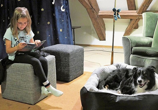 Jana Trächslin setzt sich auf einen Hocker und liest Lesehund Mojito konzentriert vor. Später wechselt sie an den Rand des Bettes, um dem Hund näher zu sein. (Bild Regula Zellweger)