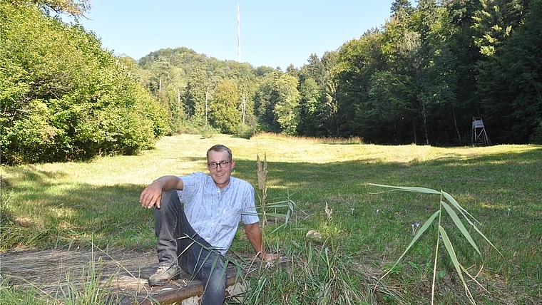 Mit sorgsamer Pflege der Biodiversitäts-Förderflächen Preise gewonnen: Landwirt Daniel Derrer auf der Feuchtwiese im Diebis am Üetliberg. Im Hintergrund der Fernsehturm. <em>(Bild Werner Schneiter)</em>