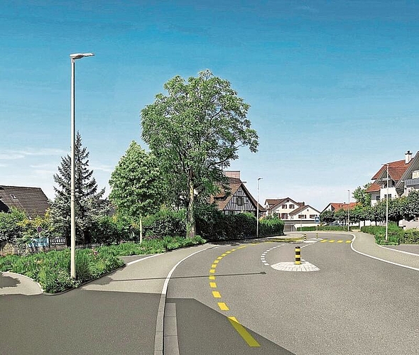 Der angepasste Bereich bei der Bächlerstrasse. Das Trottoir ist neu durchgängig. Dorfaufwärts besteht ein Radstreifen.  (Visualisierung Suter von Känel Wild AG)