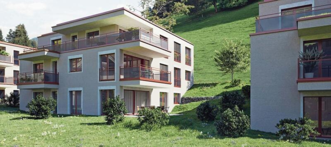 Die Überbauung Wigarte in Hausen mit vier Gebäuden und elf Wohnungen. (Visualisierung Projekt-Website)