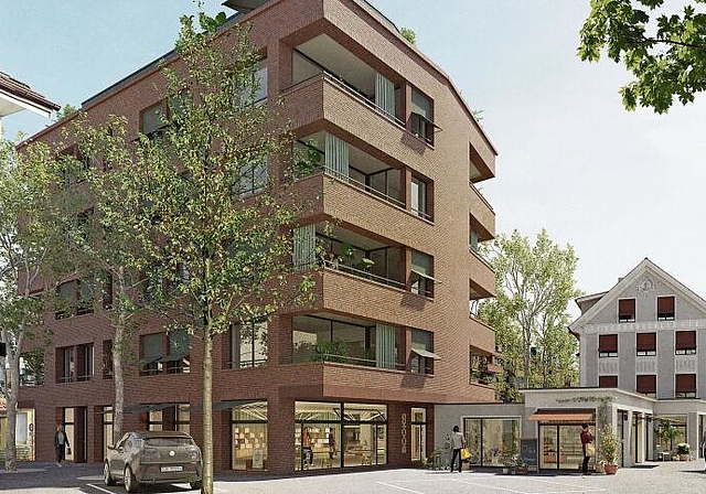 Blick von der Oberen Bahnhofstrasse auf den geplanten Neubau und das Schönbächlerhaus (rechts). (Visualisierung zvg.)