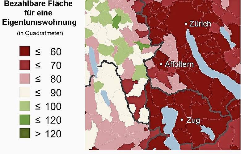 Mit einem durchschnittlichen lokalen Einkommen kann man sich nur noch in 17 Prozent der Schweizer Gemeinden eine qualitativ hochwertige Eigentumswohnung von 100 Quadratmetern leisten. Im Säuliamt reicht es – statistisch - nur für Flächen bis max Mit einem durchschnittlichen lokalen Einkommen kann man sich nur noch in 17 Prozent der Schweizer Gemeinden eine qualitativ hochwertige Eigentumswohnung von 100 Quadratmetern leisten. Im Säuliamt reicht es – statistisch - nur für Flächen bis maximal 80 Quadratmeter, je nach Gemeinde sogar nur für 60 oder 70 Quadratmeter, so die UBS. Quellen: ESTV, Wüest Partner, UBS. (Bild Grafik: UBS, dv)