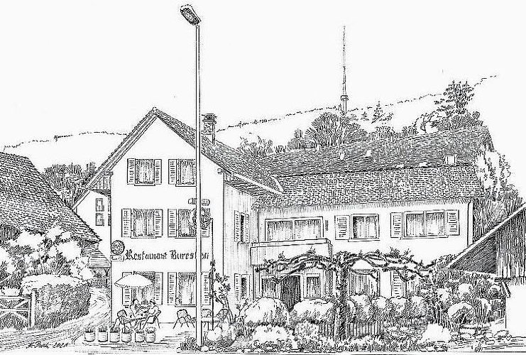 Im Industriestil gebaute Backsteinfassade mit charakteristischen Bogenfenstern – das «Bahnhöfli» in Mettmenstetten sticht auf dem Novemberblatt des Gaststätten-Kalenders durch seine besondere Optik heraus. (Zeichnungen Katharina Proch)
