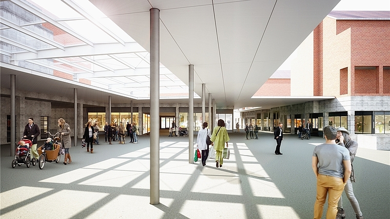 Überdachung der neuen Piazza. (Visualisierung Migros Genossenschaft Zürich)
