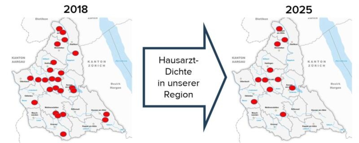 Eine Erhebung von 2018 prognostizierte einen deutlichen Rückgang an Hausarztpraxen im Knonauer Amt. Die aktuellen Praxen sind auf www.albisdocs.ch zu finden. (Grafik: Johannes Bartels / Zahlen: Bruno Köhler)
