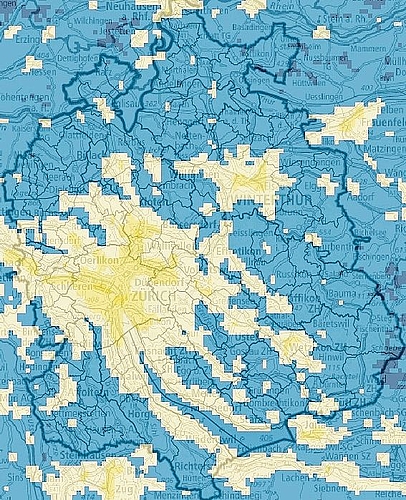 Grafik 2: Affoltern gehört zu den dunkleren Bezirken des Kantons Zürich. Diese Karte stützt sich auf Satellitendaten (VIIRS). Die Datenquelle ist die Earth Observation Group des Payne Institute for Public Policy der Universität Colorado School of Mines.  (Grafik Geoportal Kanton Zürich / Karte Lichtemissionen Jahr 2025)