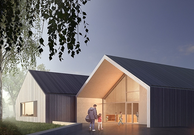 Kindergarten Ebertswil: Visualisierung des Eingangsbereiches. (Illustration zvg.)
