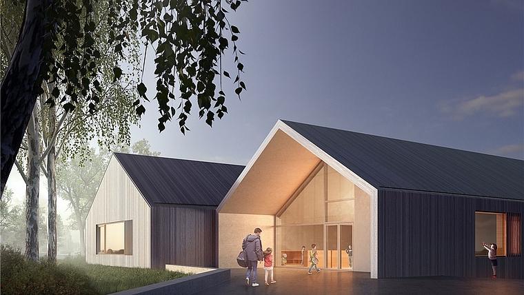 Kindergarten Ebertswil: Visualisierung des Eingangsbereiches. (Illustration zvg.)