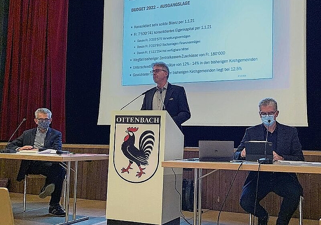 Hanno Schmidheiny präsentiert das Budget 2022, assistiert von Hans Asper, Leiter der Projektorganisation (links) und von Peter Schlumpf von der Projektorganisation KG Knonauer Amt. (Bild Stefan Schneiter)