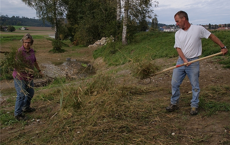 Von Hand aufgeladen und auch von Hand wieder ausgetragen. Esther Hediger und Kurt Heiniger verteilen das Schnittgut aus den Spenderflächen im Häulimas und in der Lunner Allmend am Hofibach. (Bild Thomas Stöckli)