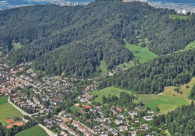 Stallikon (Dorfteil Sellenbüren) aus der Vogelperspektive – die Luftaufnahme zeigt den grossen Waldanteil von 51 Prozent.