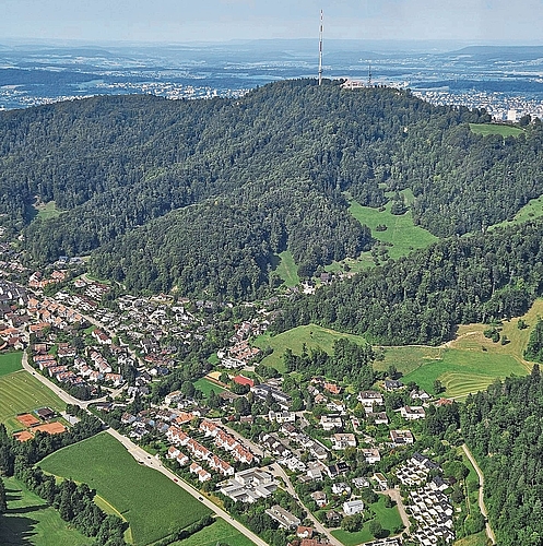 Stallikon (Dorfteil Sellenbüren) aus der Vogelperspektive – die Luftaufnahme zeigt den grossen Waldanteil von 51 Prozent. (Bild zvg)