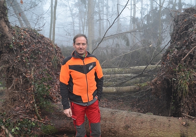 Förster Flurin Farrér zeigt Sturmschäden im Obfelder Gebiet Oberlunnern. (Bild Thomas Stöckli)