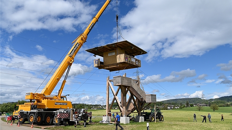 Millimeterarbeit: Ein 130 Tonnen Kran stellte den oberen Teil des Turms auf die vorbereiteten Eisenpfähle. <em>(Bild Martin Mullis)</em>