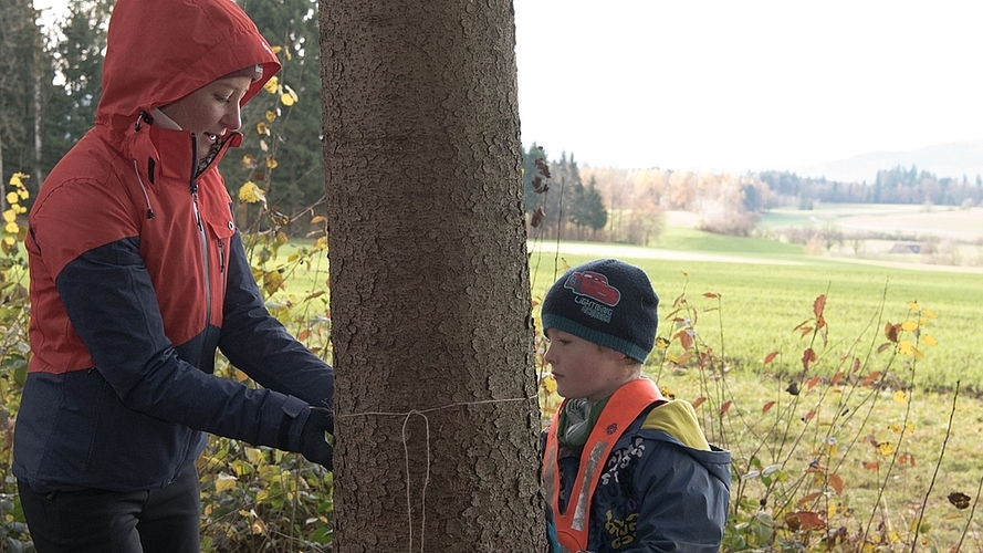 Nadja Hurter hilft Kilian den Lieblingsbaum zu markieren.
