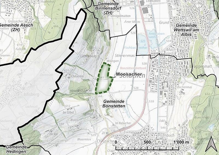 Der neue Deponiestandort in Bonstetten im Gebiet Moosacher ist für den Richtplan-Eintrag vorgesehen (grün umrahmt).