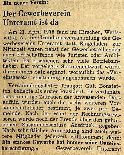 Notiz im «Affolter Anzeiger» zur Gründung des Gewerbevereins Unteramt. (Bild zvg) Notiz im «Affolter Anzeiger» zur Gründung des Gewerbevereins Unteramt. (Bild zvg)