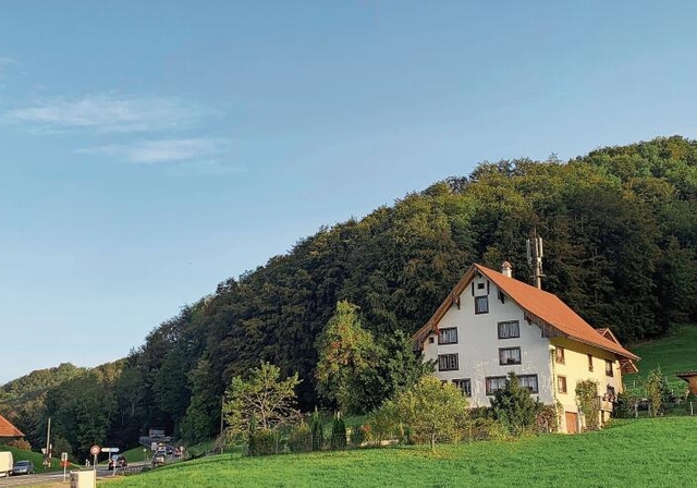 Die Antenne auf dem Gebiet Riedmatt in Hausen (rechts im Bild) soll auf 5G-Technologie aufgerüstet werden. Links im Bild die Albisstrasse, die zur Passhöhe führt. (Archivbild Livia Häberling)