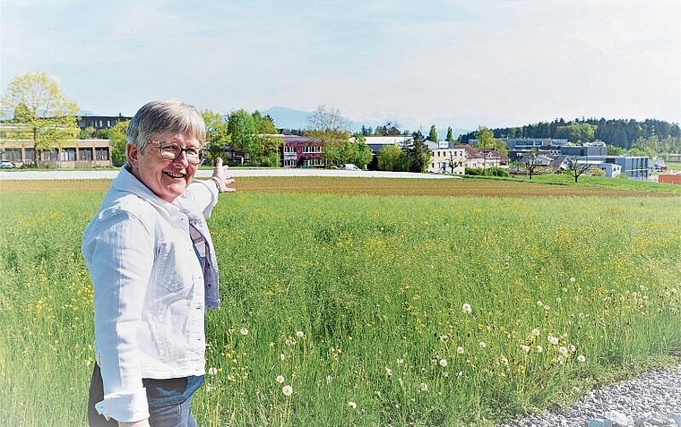 Blick vom kantonseigenen Kurszentrum für Hauswirtschafts-Kurse in Richtung Gewerbezone Obstgartenstrasse. 
Stadtpräsidentin Eveline Fenner zeigt, wo das Kantonsschul-Provisorium zu stehen kommen soll. (Bild Thomas Stöckli)