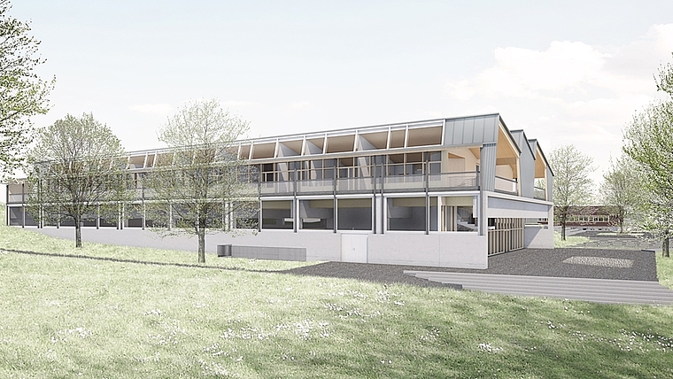 Das Turnhallengebäude mit den darüberliegenden Tagesstrukturen ist ein Teil der nun beschlossenen Schulraum-Erweiterung. <em>(Visualisierung zvg.)</em>