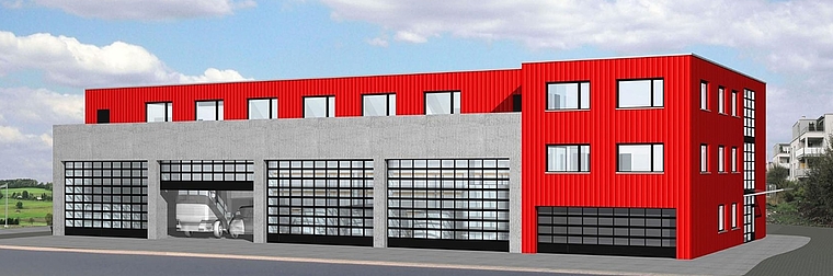 So soll es künftig aussehen, das Feuerwehrgebäude mit Kapo-Stützpunkt im Bonstetter Schachen. (Visualisierung zvg.)