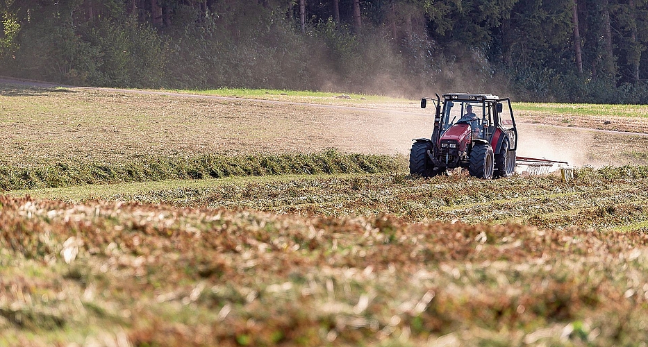 Landwirt beim Heuwenden bei Bonstetten: Für einen zweiten Schnitt hat das Gras noch gereicht, ob es für einen üblichen dritten Schnitt reichen wird, gilt derzeit als eher unwahrscheinlich. (Bilder Daniel Vaia) Landwirt beim Heuwenden bei Bonstetten: Für einen zweiten Schnitt hat das Gras noch gereicht, ob es für einen üblichen dritten Schnitt reichen wird, gilt derzeit als eher unwahrscheinlich. (Bilder Daniel Vaia)