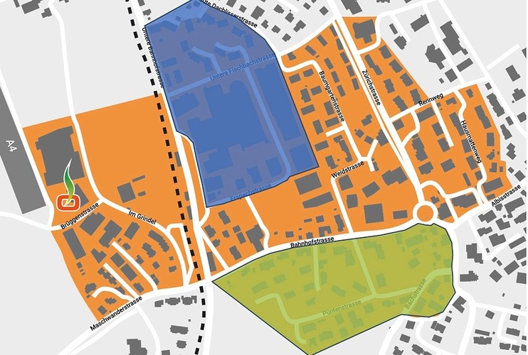 Geplante Etappierung des Wärmeverbunds in Mettmenstetten: Nächstes Jahr sollen Liegenschaften in der blauen Zone angeschlossen werden, danach folgen die braune (2027) und die grüne Zone (2028). Ganz links der geplante Standort der neuen Holzschnitzelheizung (Viereck mit grüner Flamme). Angaben zum möglichen Standort des Wärmespeichers wurden nicht gemacht. (Grafik Renercon)