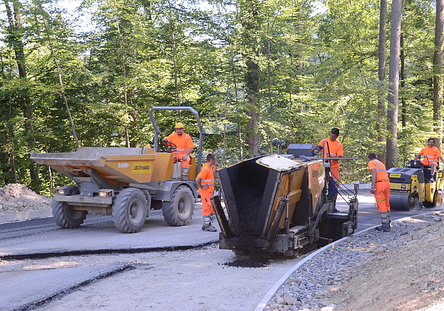 Zum Glück im Schatten des Waldes: Belagseinbau mit heissem Asphalt verstärkt die Hitze. (Bild Martin Mullis)