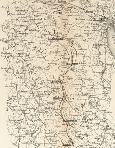 1867 produzierte die NOB einen offiziellen Situationsplan der Zürich-Zug-Luzern-Bahn, hier der Ausschnitt der Bahn von Zürich bis Knonau. Mit roten Pfeilen markiert die Stationen, die mit Ausnahme von Affoltern und Hedingen ziemlich bis sehr weit weg von den Ortschaften liegen. (Bild SBB Historic, PL_148_00034)